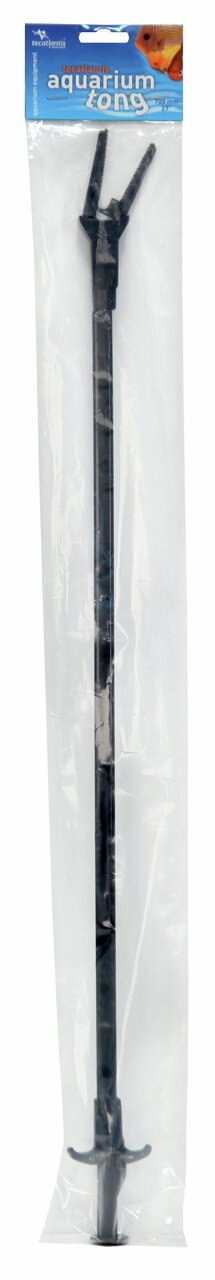 Das Bild zeigt eine schwarze Aquarienzange der Marke Aquatlantis, verpackt in einer transparenten Kunststoffhülle. Die Zange ist speziell für Aquarienbesitzer konzipiert und dient zum sicheren Greifen und Platzieren von Gegenständen im Wasser. Auf der Ver