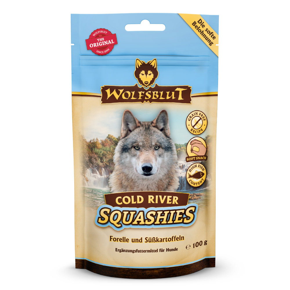 WOLFSBLUT Cold River Squashies, Hunde, Forelle & Süßkartoffeln, Grain Free, Soft Snack, High Fish Content, 100 g.