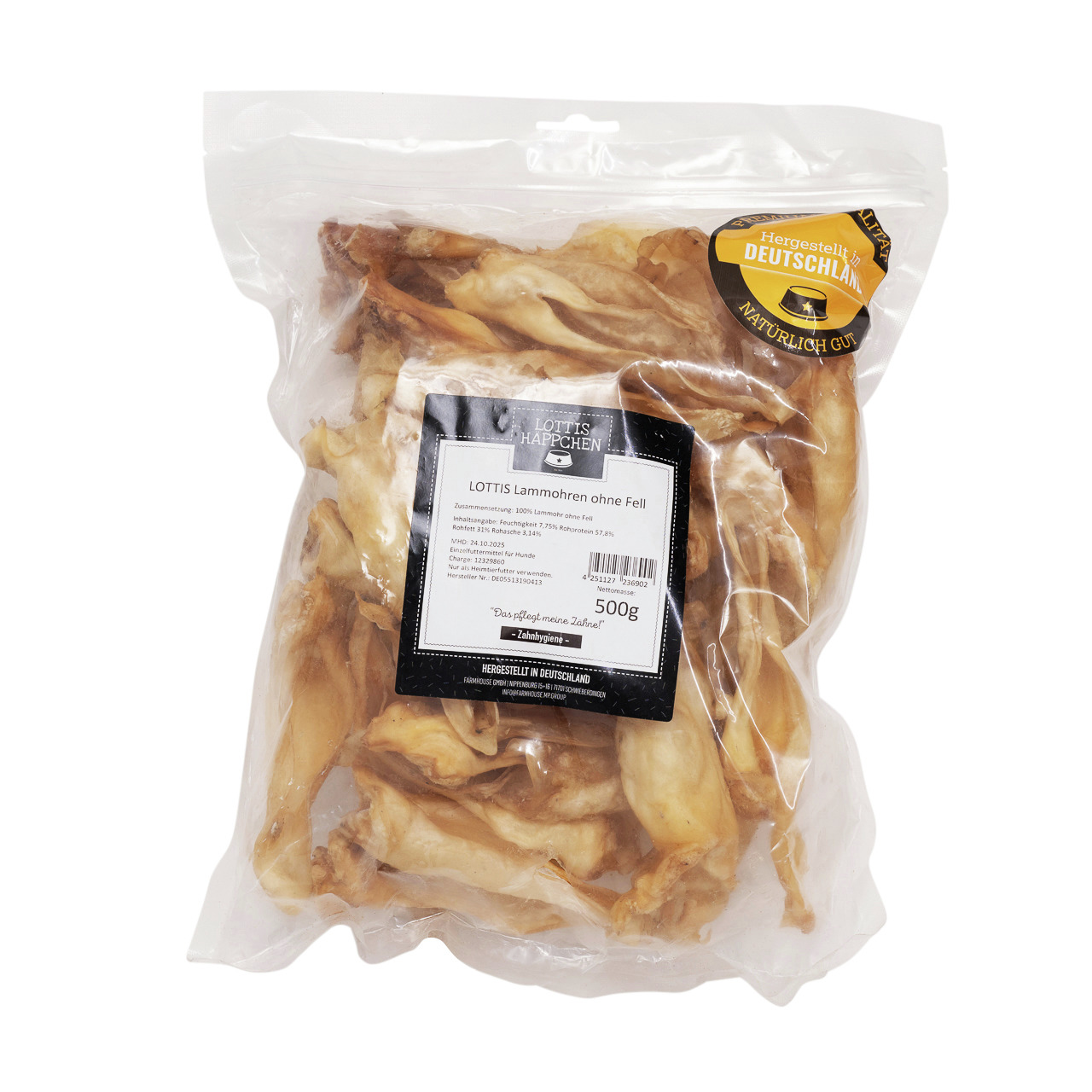 LOTTIS HÄPPCHEN Lammohren o. Fell, 500 g, natürl. Kausnack f. Hunde, Zahnpflege, 100 % Lamm, ohne Zusatzstoffe, Made in Germany.