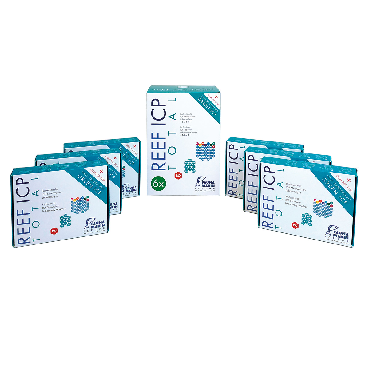 Das Bild zeigt mehrere Verpackungen des Produkts „REEF ICP TOTAL“ der Marke Fauna Marin, das für die professionelle Wasseranalyse in Meerwasseraquarien entwickelt wurde. Die Zielgruppe sind Aquarienbesitzer. Die zentrale Verpackung enthält 6 Tests, währen
