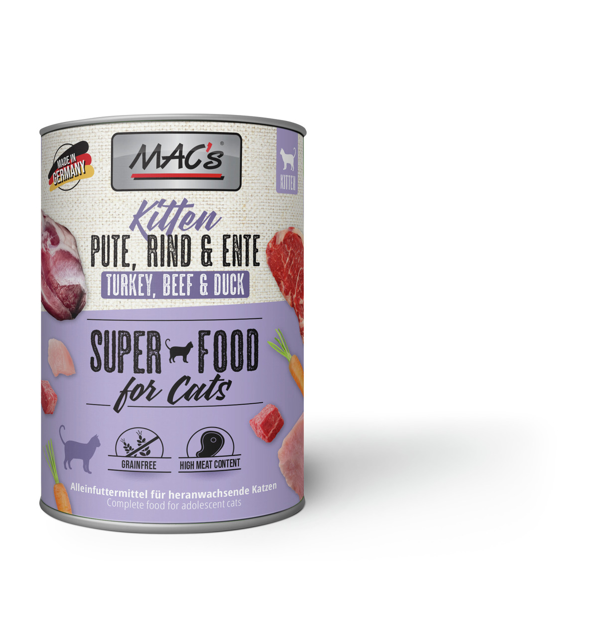 MAC's Katzenfutter Kitten, Pute-Rind-Ente, "Super Food for Cats", getreidefrei, hoher Fleischanteil, 400 g.