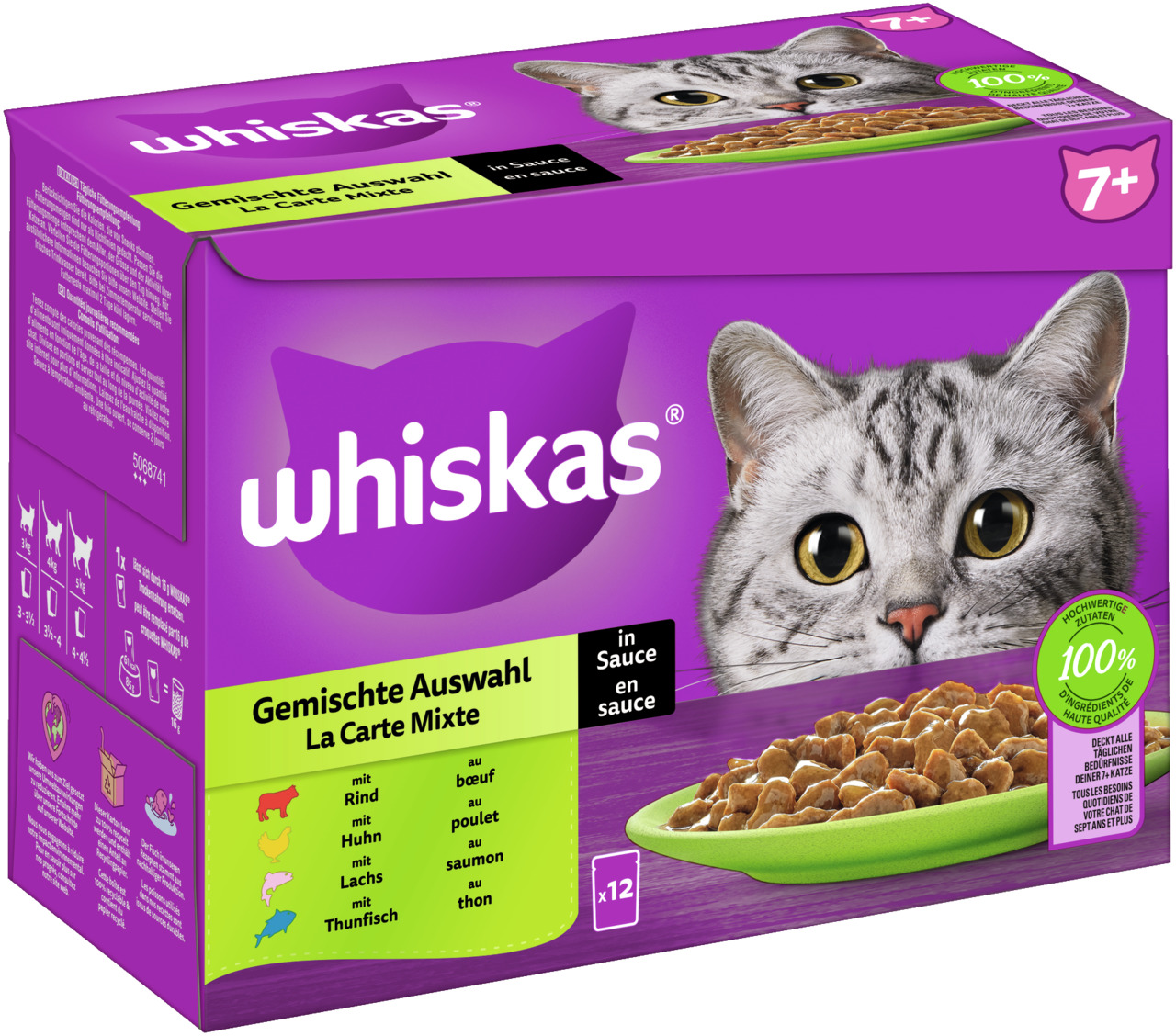 Whiskas Gemischte Auswahl in Sauce, Katzenfutter ab 7 J., 12x Portionsbeutel (Rind, Huhn, Lachs, Thunfisch), hochwertige Zutaten.