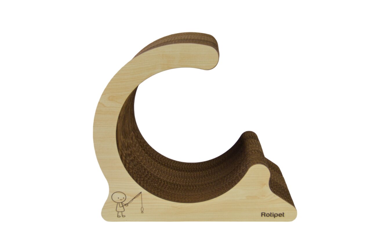 Rotipet Kratzmöbel für Katzen, C-Form, Holzstruktur, Pappe, ideal für Krallenpflege & Spiel, minimalistisches Design, Angelmotiv.