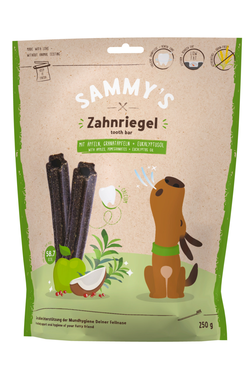SAMMY's Zahnriegel für Hunde, 250 g: Zahnpflege-Snack mit Äpfeln, Granatäpfeln & Eukalyptusöl, unterstützt die Mundhygiene.