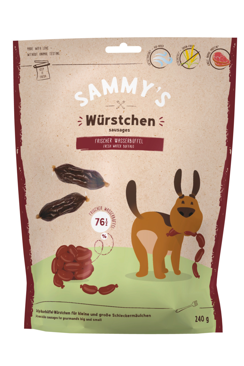 SAMMY's Würstchen für Hunde, frischer Wasserbüffel, 240 g, 76 % Wasserbüffel, getreidefrei, proteinreich, ohne Tierversuche.