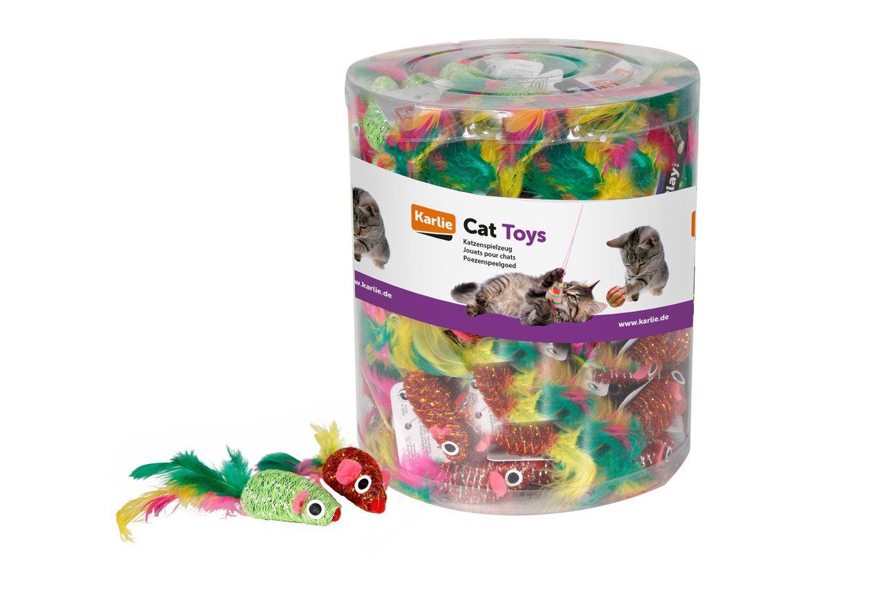 Karlie Cat Toys: 50 bunte Katzenspielzeuge (Mäuse mit Federschwänzen) im Kunststoffbehälter. Fördert Aktivität & Spielspaß.