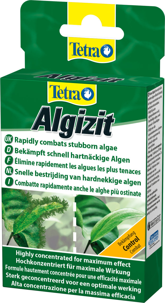 Tetra Algizit: Hochkonz. Algenbekämpfung f. Aquarienbesitzer, max. Wirkung, grüne Verpackung, Tetra-Logo, Schriftzug "Algizit".