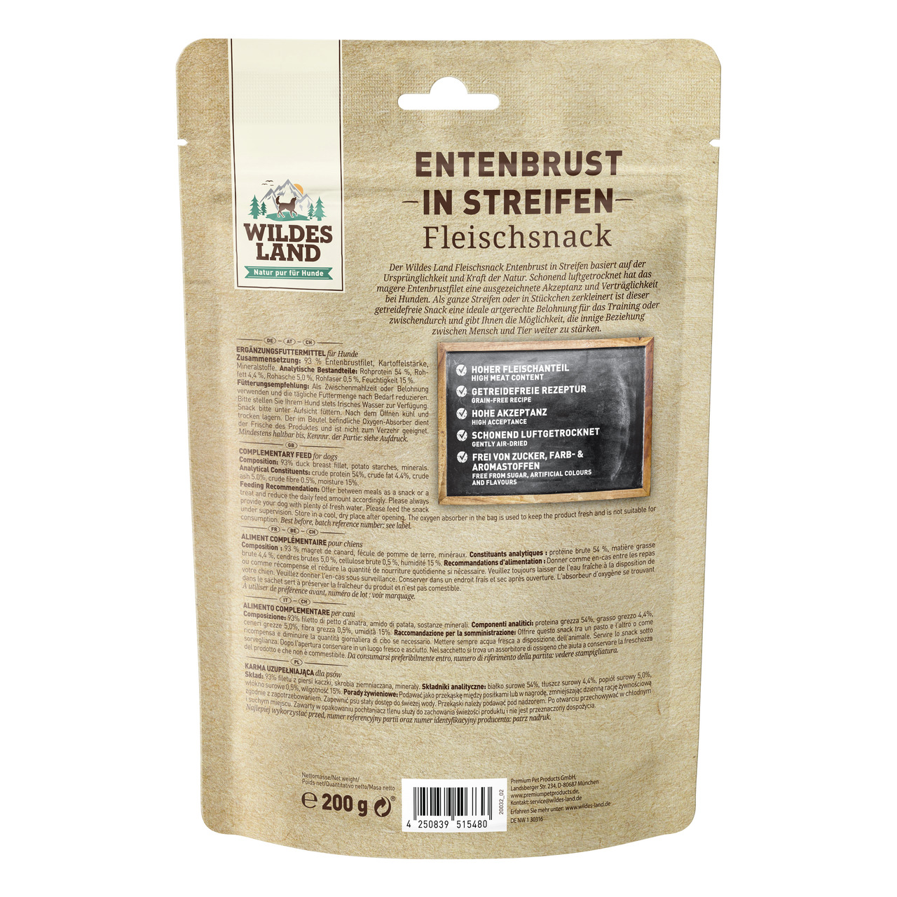 Wildes Land Entenbrust in Streifen, Hundesnack, 200 g, hoher Fleischanteil, getreidefrei, luftgetrocknet, hohe Akzeptanz, Belohnung.