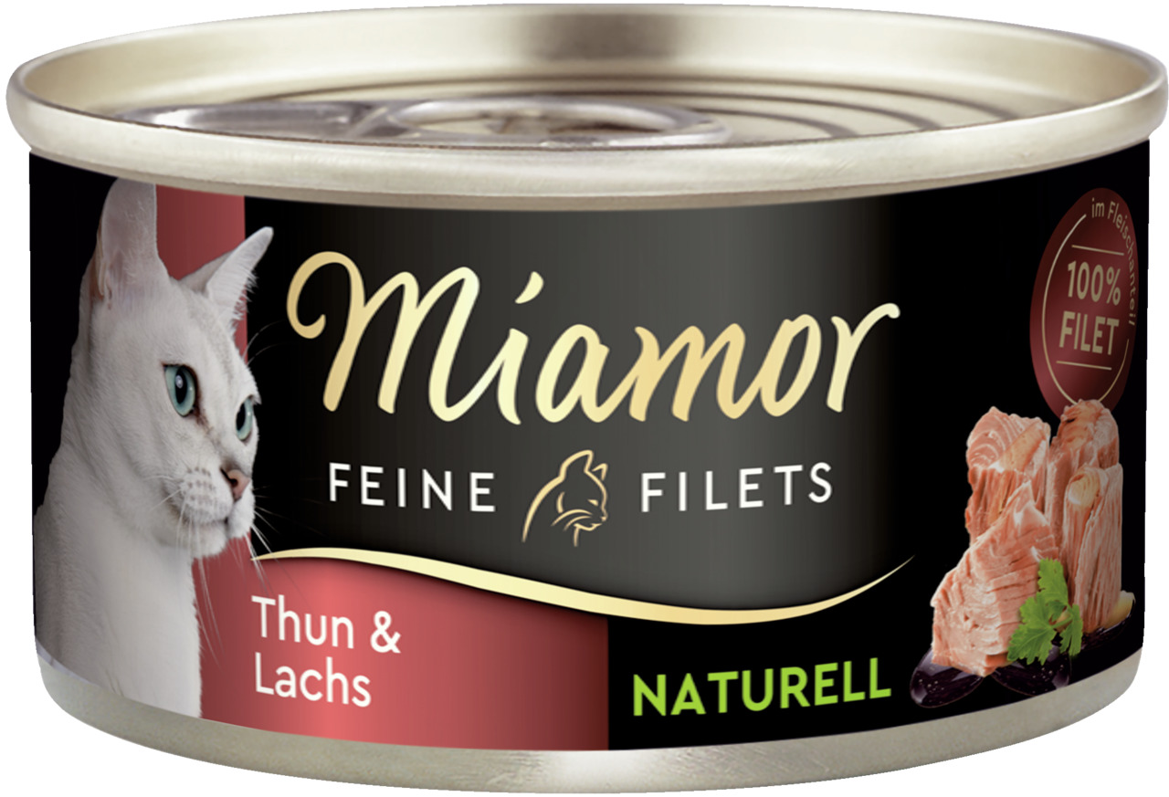 Miamor Feine Filets Katzenfutter, Thunfisch & Lachs, naturell, 100% Filet, hohe Qualität, 125g.