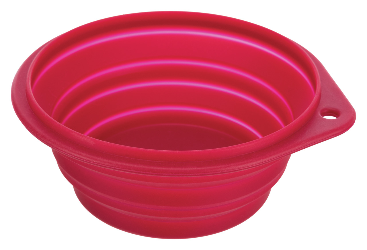 Rote, faltbare Silikonschüssel von TRIXIE, ideal für Hunde und Katzen. Perfekt für unterwegs, da sie platzsparend zusammenklappbar ist. Geeignet für Wasser oder Futter. Robustes Material, leicht zu reinigen. Praktische Öse zum Aufhängen oder Befestigen. F