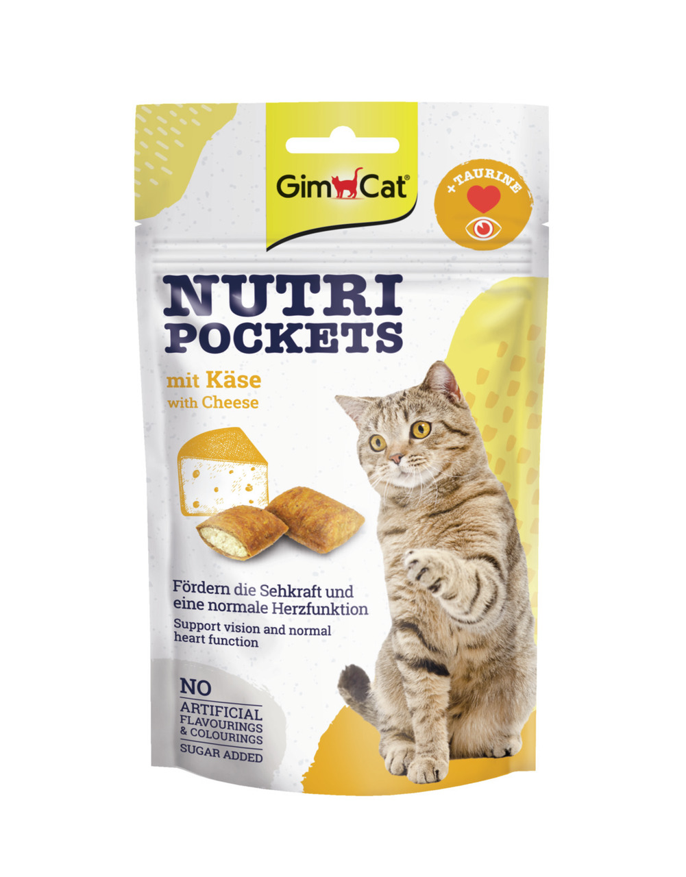 GimCat Nutri Pockets Käse, Snack f. Katzen, fördert Sehkraft & Herz, mit Taurin, ohne künstl. Aromen-Zucker, 60 g.