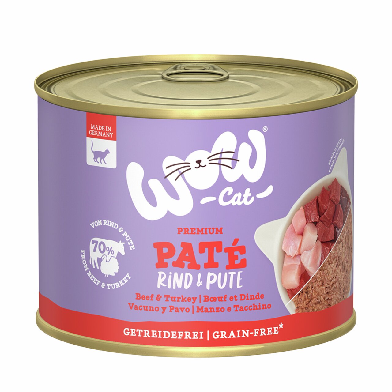WOW CAT Paté Rind & Pute für Katzen, getreidefrei, Fleischanteil 70 %, 400 g Dose, Geschmacksrichtung Rind und Pute.