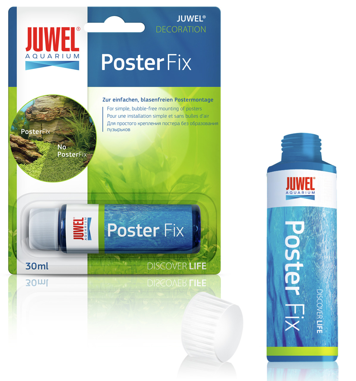 Das Bild zeigt das Produkt "JUWEL Poster Fix", eine 30-ml-Tube, die speziell für die blasenfreie Montage von Postern in Aquarien entwickelt wurde. Die Verpackung hebt die einfache Anwendung hervor und zeigt den Unterschied zwischen Postern mit und ohne Po