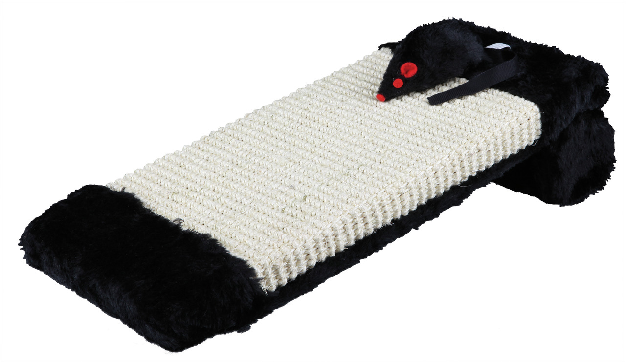 Das Bild zeigt das TRIXIE Kratzbrett mit Spielzeugmaus, ein Produkt für Katzen. Es besteht aus einer robusten Sisalfläche zum Kratzen und weichem Plüsch in Schwarz. Die integrierte Spielzeugmaus mit roten Augen regt den Spieltrieb an. Ideal für Katzen zur
