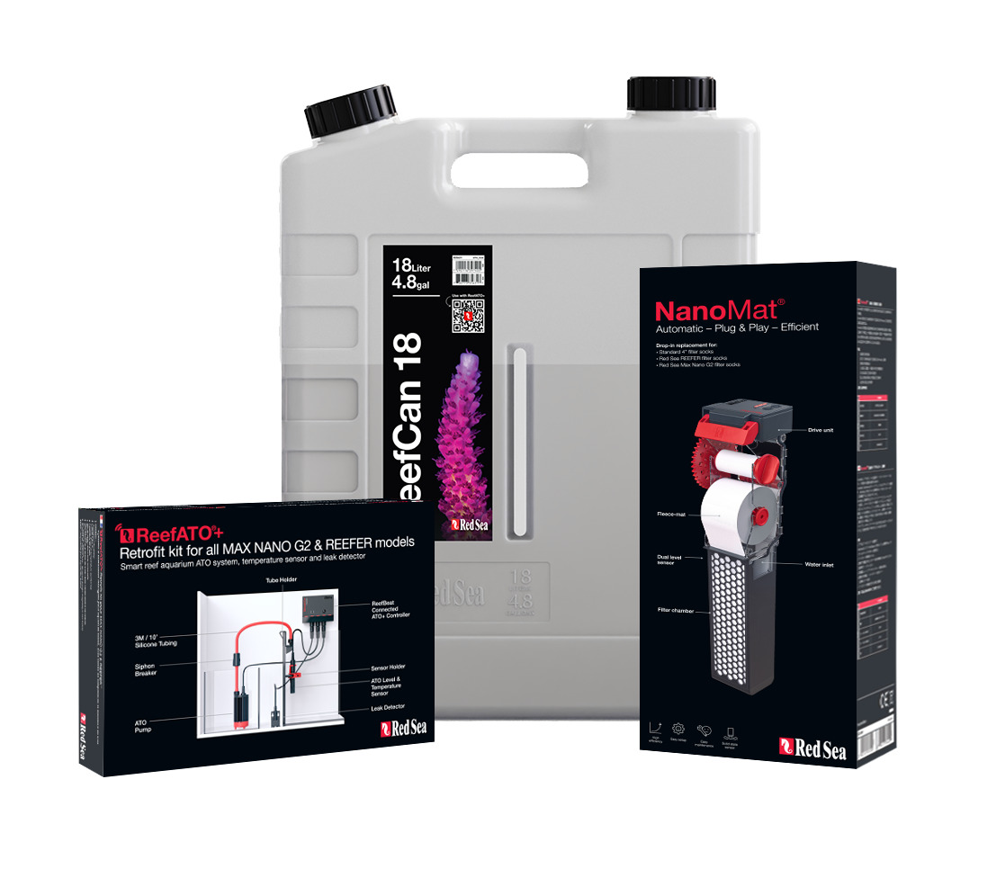 Red Sea ReefATO+ Nachrüstkit: Auto-Nachfüllung mit Sensoren & Leckdetektor, für MAX NANO G2-REEFER. NanoMat: Auto-Vliesfilter. ReefCan 18: 18L.