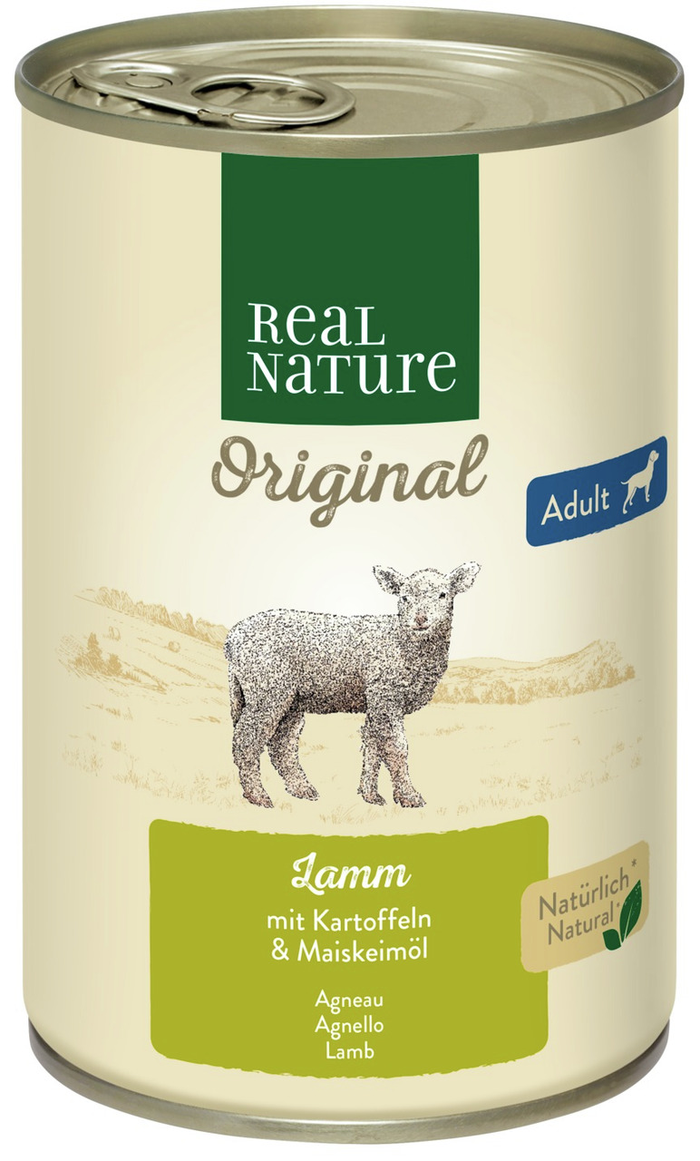 Das Bild zeigt eine Dose des Hundefutters „REAL NATURE Original Adult Lamm mit Kartoffeln & Maiskeimöl“. Die Zielgruppe sind ausgewachsene Hunde. Die Geschmacksrichtung ist Lamm. Auf der Dose sind 400 g Inhalt angegeben. Das Produkt wirbt mit „Natürlich N