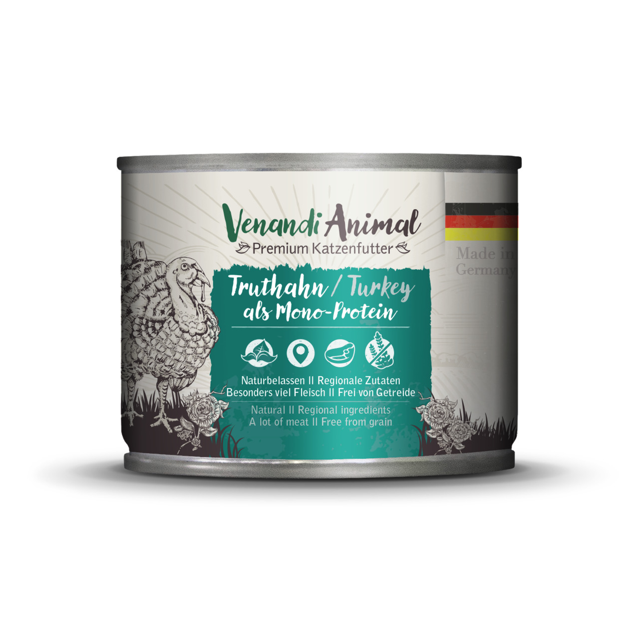 Venandi Animal Truthahn Mono-Protein, Katzen, Truthahn, nat. Zutaten, getreidefrei, reich an Fleisch, 200g, Made in Germany.