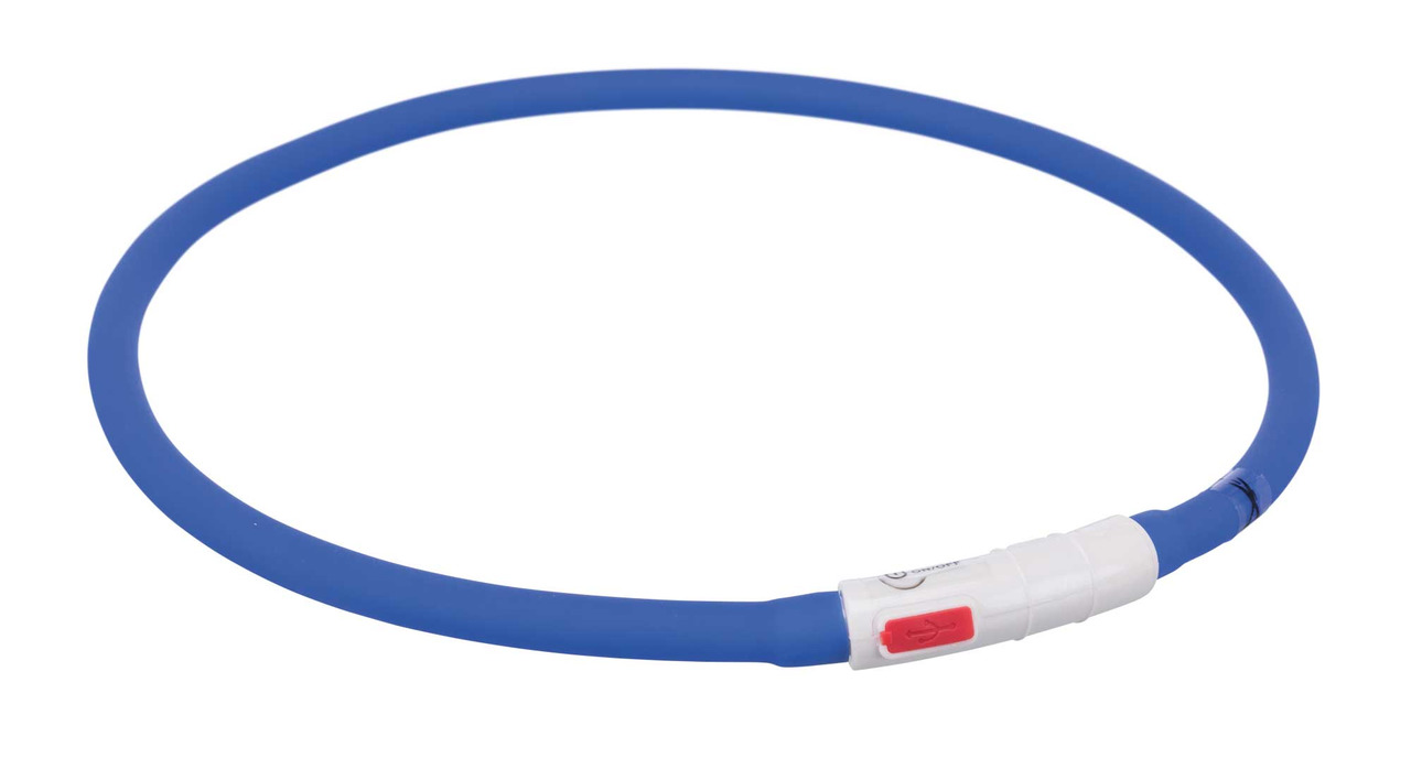 Das Bild zeigt das TRIXIE USB-Leuchthalsband für Hunde in Blau. Es ist speziell für Hunde entwickelt und dient der Sicherheit bei Spaziergängen in der Dunkelheit. Das Halsband ist aus flexiblem Silikon gefertigt, wiederaufladbar per USB und in der Größe i