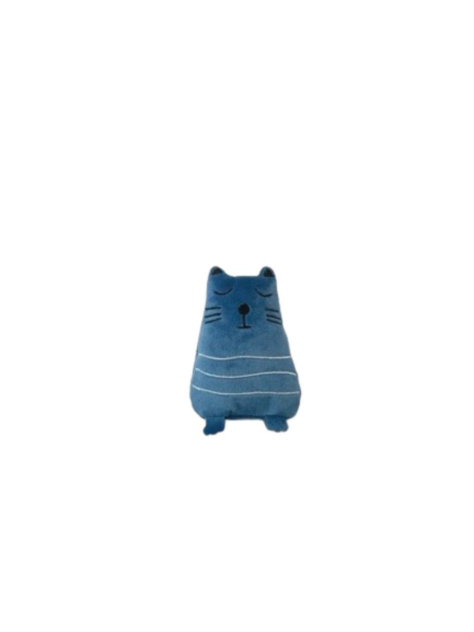 Das Bild zeigt ein blaues Katzenspielzeug der Marke Allpets. Es ist für Katzen als Zielgruppe geeignet und hat die Form einer stilisierten Katze mit geschlossenen Augen und gestickten Details wie Schnurrhaaren und Streifen. Das Spielzeug ist weich und ide