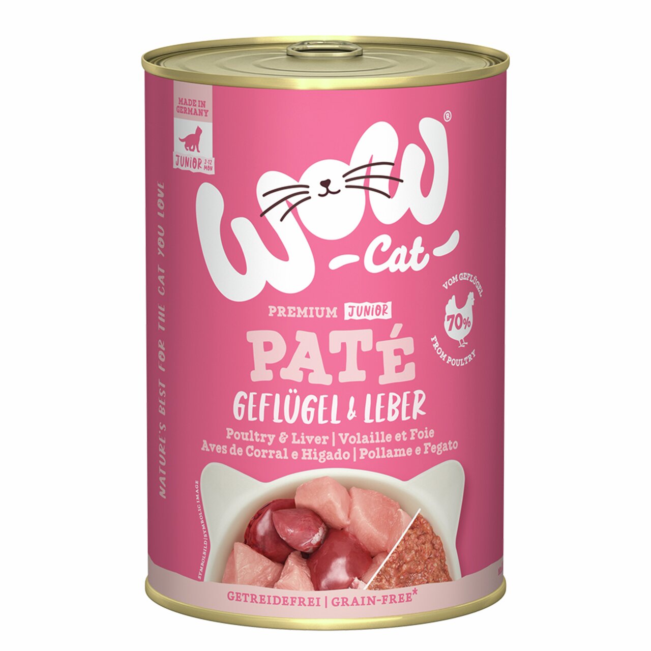 WOW CAT Premium Junior Paté Geflügel & Leber, Katzenfutter für Kitten, getreidefrei, 70 % Geflügel, 200 g Dose.