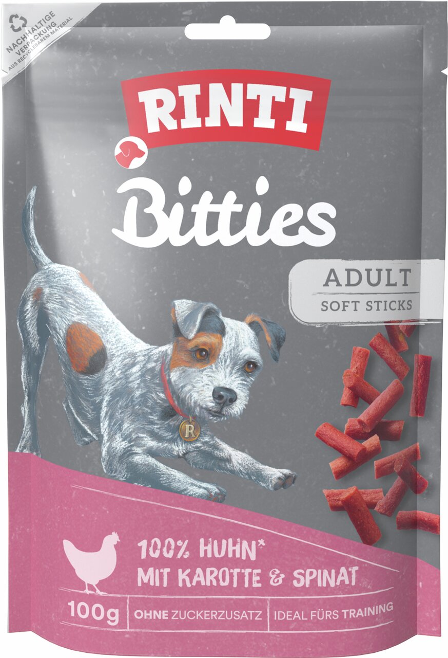 RINTI Bitties Adult Soft Sticks, 100 g: Hundesnack aus 100 % Huhn mit Karotte & Spinat, ohne Zuckerzusatz, ideal fürs Training.