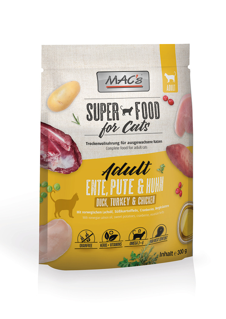 MAC's Super Food for Cats, Trockenfutter f. erw. Katzen, Ente/Pute/Huhn, getreidefrei, mit Lachsöl, Süßkartoffeln, Cranberries, 300 g.
