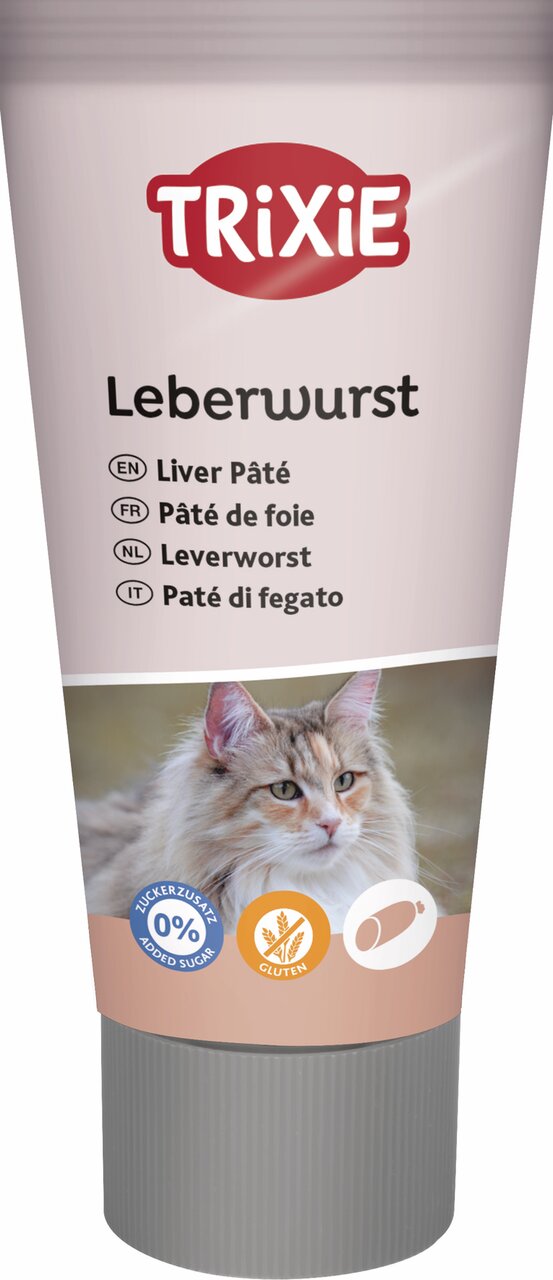 TRIXIE Leberwurst für Katzen, geschmacksneutral, ohne Zucker, glutenfrei. Praktische Tube mit ca. 75g Inhalt, ideal als Snack.
