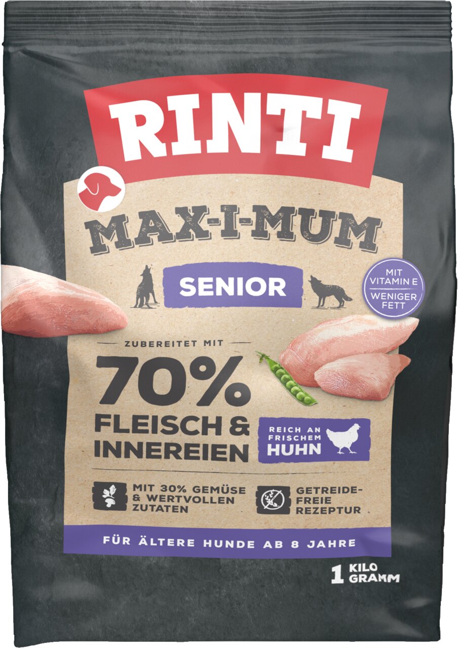 RINTI Max-i-mum Senior Hundefutter, für ältere Hunde ab 8 Jahren, Huhn, getreidefrei, 70% Fleisch, 1 kg Packung.