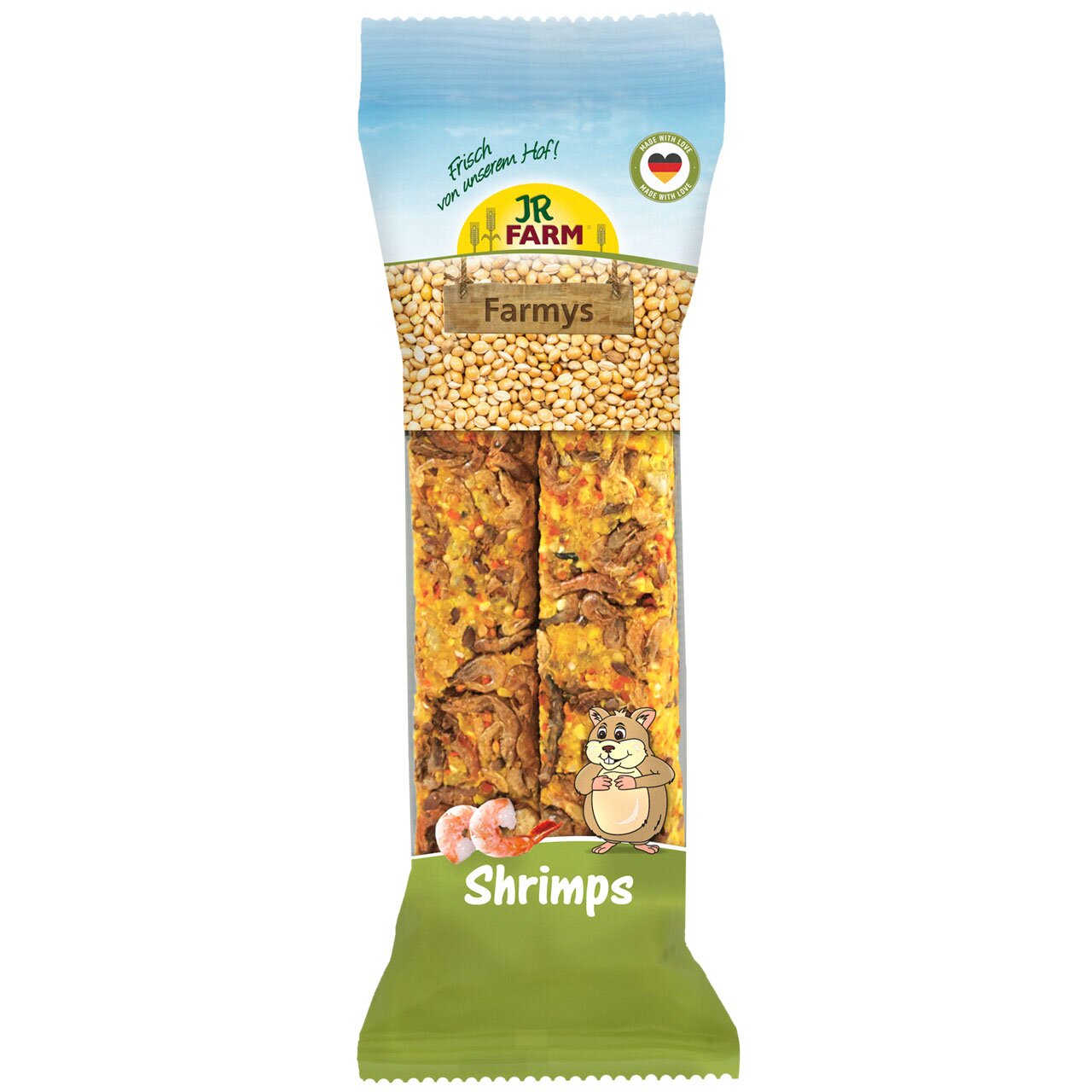 JR FARM Farmys Snacks für Hamster, Geschmack: Shrimps, natürlich und frisch, beinhaltet 2 Stück in einer grünen Verpackung.