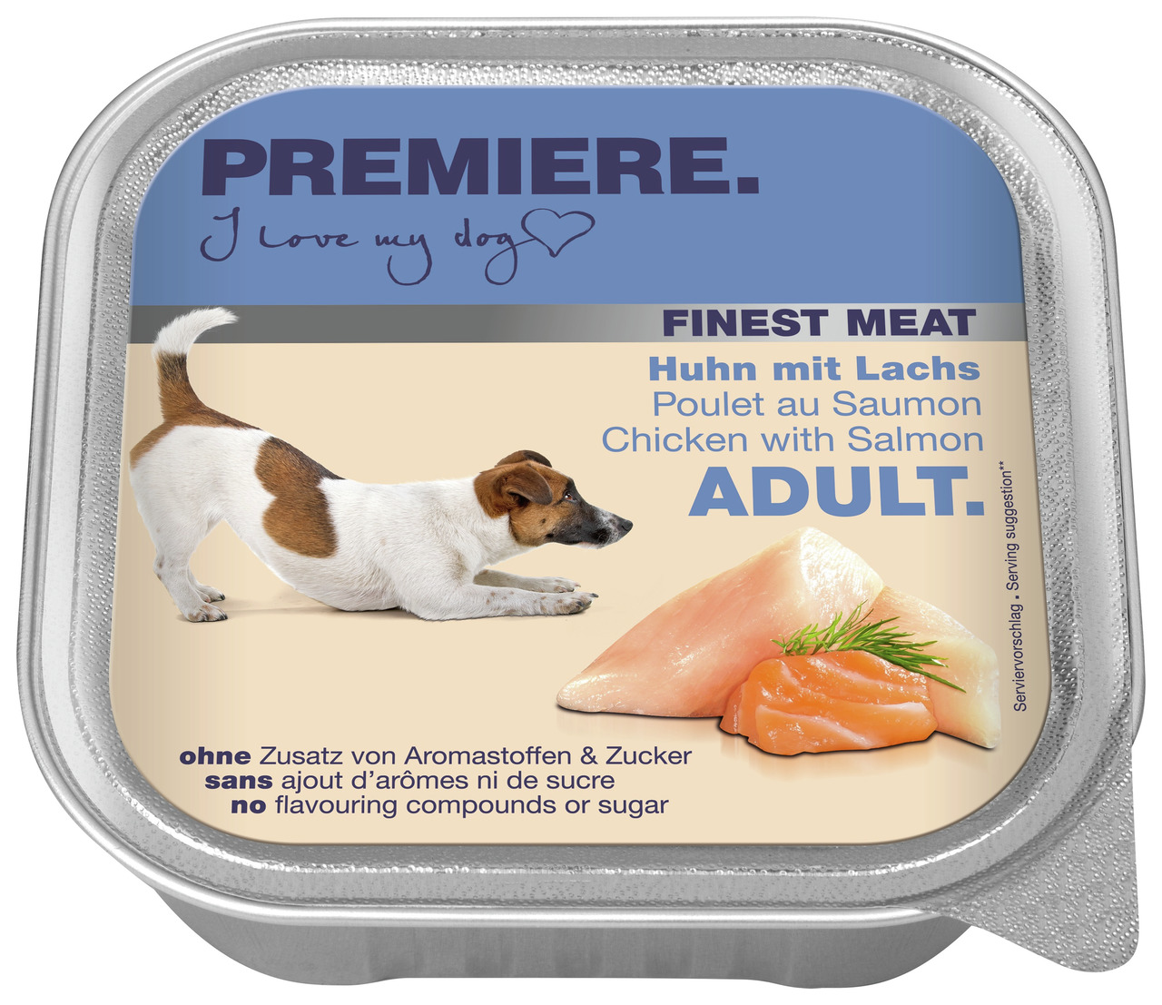 PREMIERE Finest Meat Huhn mit Lachs, Nassfutter für erwachsene Hunde, ohne Aromastoffe-Zucker, 125g.
