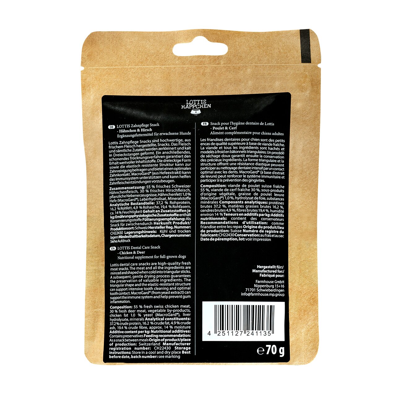 LOTTIS HÄPPCHEN Zahnpflege-Snack für erwachsene Hunde, Hähnchen & Hirsch, 70 g. Hochwertiger Snack zur Zahnpflege.