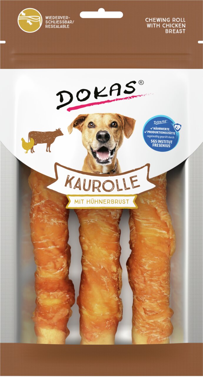Kaurollen von Dokas mit Hühnerbrust für Hunde. Natürlicher Kausnack, wieder verschließbare Verpackung, Inhalt 200 g.