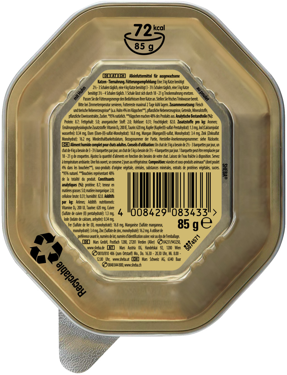 Sheba Fine Filets, Alleinfuttermittel f. ausgewachsene Katzen, 85 g, goldene Verpackung, Infos zu Zusammensetzung & Fütterung.