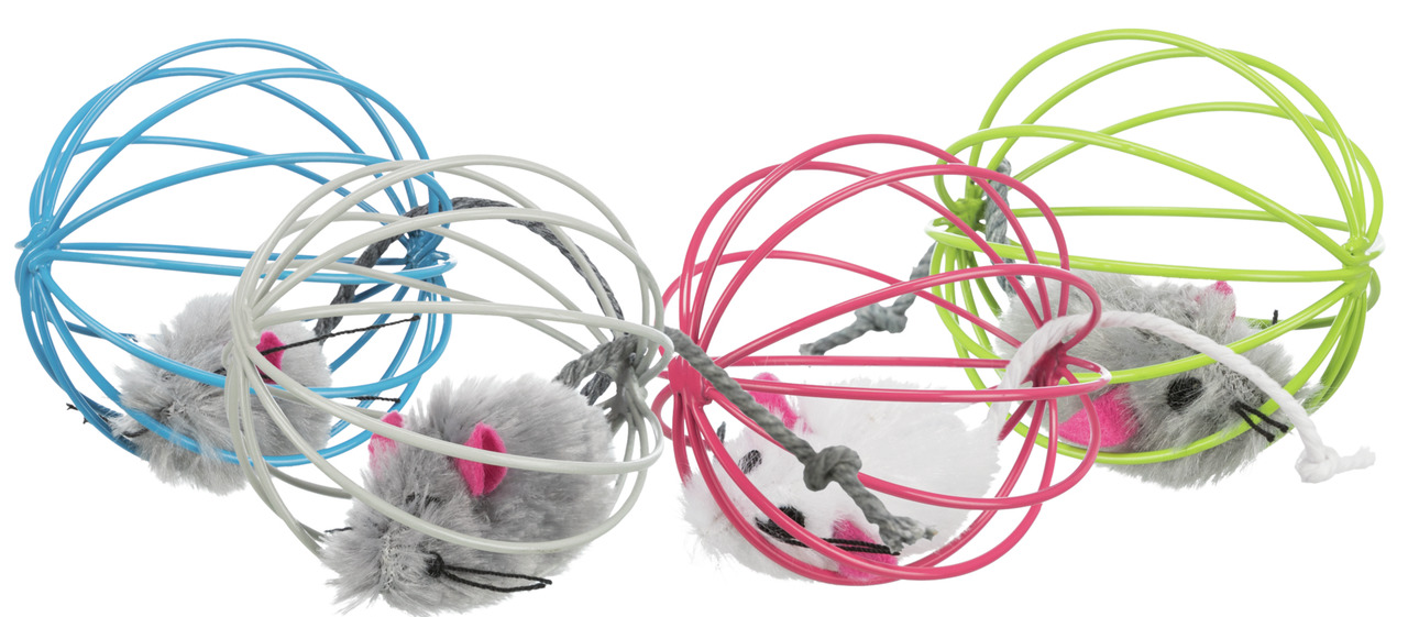 Das Bild zeigt das Katzenspielzeug „TRIXIE Spielbälle mit Plüschmaus“ für Katzen. Es handelt sich um bunte Drahtbälle in Blau, Pink und Grün, die jeweils eine graue Plüschmaus mit rosa Details enthalten. Die Mäuse sind an den Bällen befestigt und fördern 