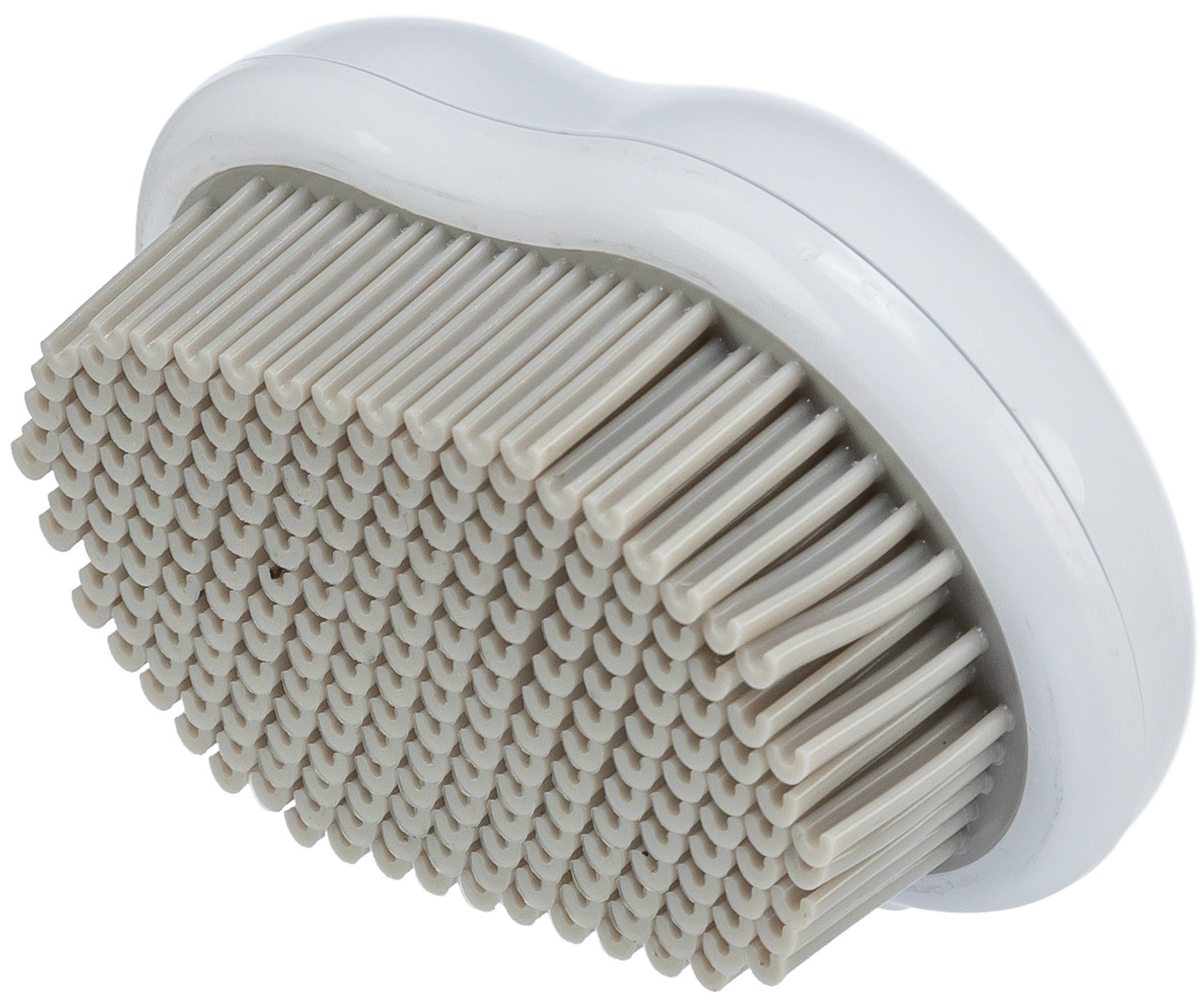 Das Bild zeigt die TRIXIE Pflegebürste für Haustiere, speziell entwickelt für Hunde und Katzen. Die Bürste hat einen ergonomischen weißen Griff und flexible, beige Borsten, die sanft zur Haut sind. Sie eignet sich ideal zur Fellpflege und Massage, fördert