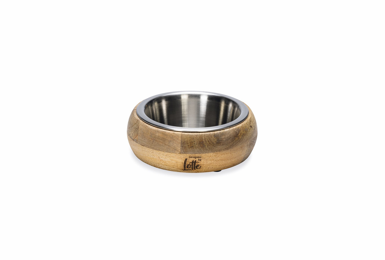 Futternapf „Designed by Lotte“ aus Holz mit Edelstahlschale, für Hunde & Katzen. Stilvoll, ideal für moderne Haushalte.