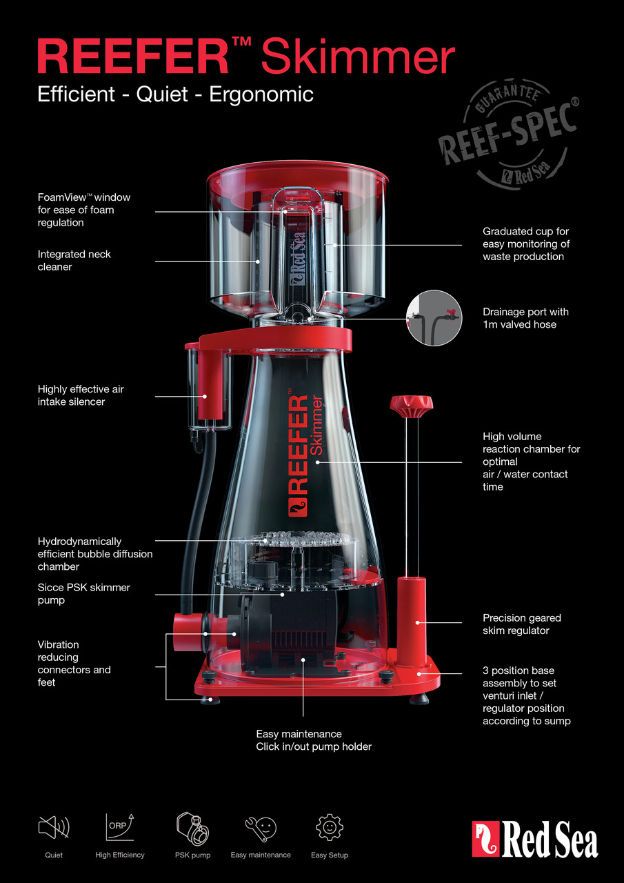 Das Bild zeigt den Red Sea REEFER™ Skimmer, ein hochwertiges Abschäumergerät für Meerwasseraquarien. Es ist ergonomisch, leise und effizient gestaltet. Zu den Funktionen gehören ein FoamView™-Fenster zur Schaumregulierung, ein integrierter Halsreiniger, e