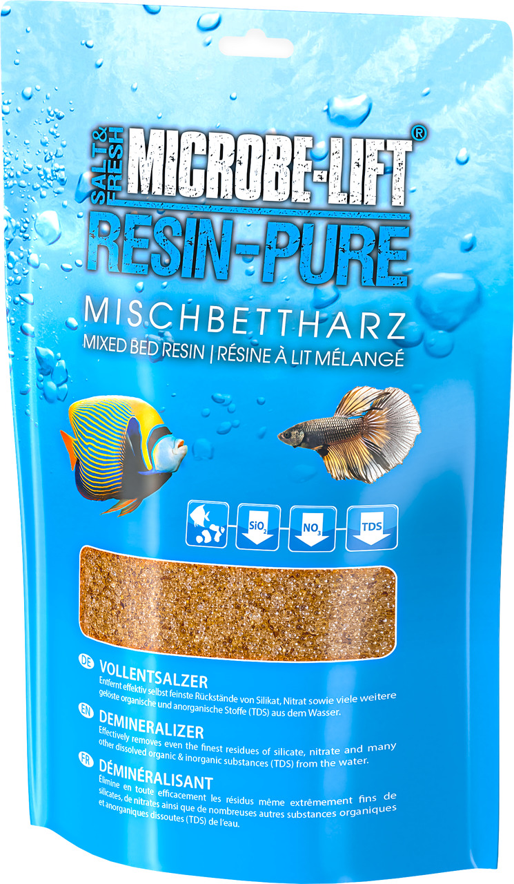 Das Bild zeigt das Produkt "MICROBE-LIFT RESIN-PURE Mischbettharz" der Marke ARKA. Es handelt sich um ein Vollentsalzer-Harz für Aquarien, geeignet für Süß- und Salzwasser. Das Produkt entfernt effektiv Silikat, Nitrat und andere gelöste Stoffe aus dem Wa