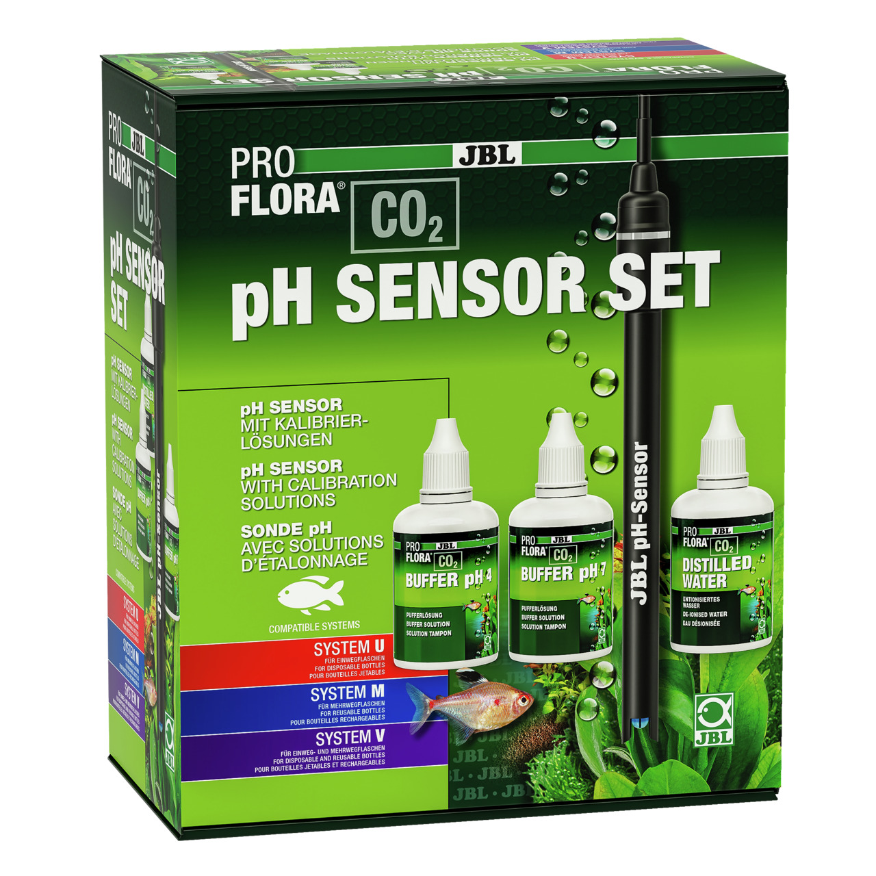 JBL ProFlora CO2 pH Sensor Set: Für Aquaristik-Enthusiasten, präzise pH-Werte, inkl. pH-Sensor, Kalibrierlösungen, dest. Wasser.