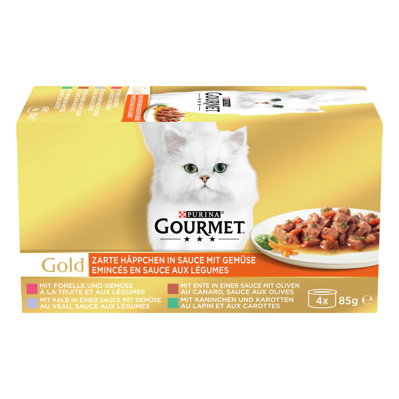 Purina GOURMET Gold Zarte Häppchen in Sauce mit Gemüse, für Katzen, Forelle-Kalb-Ente-Kaninchen, 4x85g, weiße Katze auf Packung.