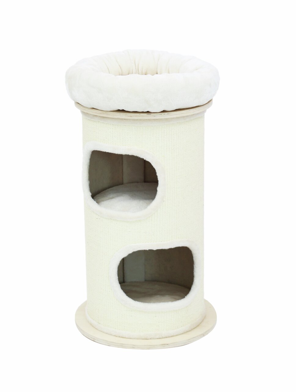 Kratzbaum für Katzen von Silvio Design, cremefarben, mit 2 Höhlen und Liegefläche, ideal zum Klettern und Ruhen.