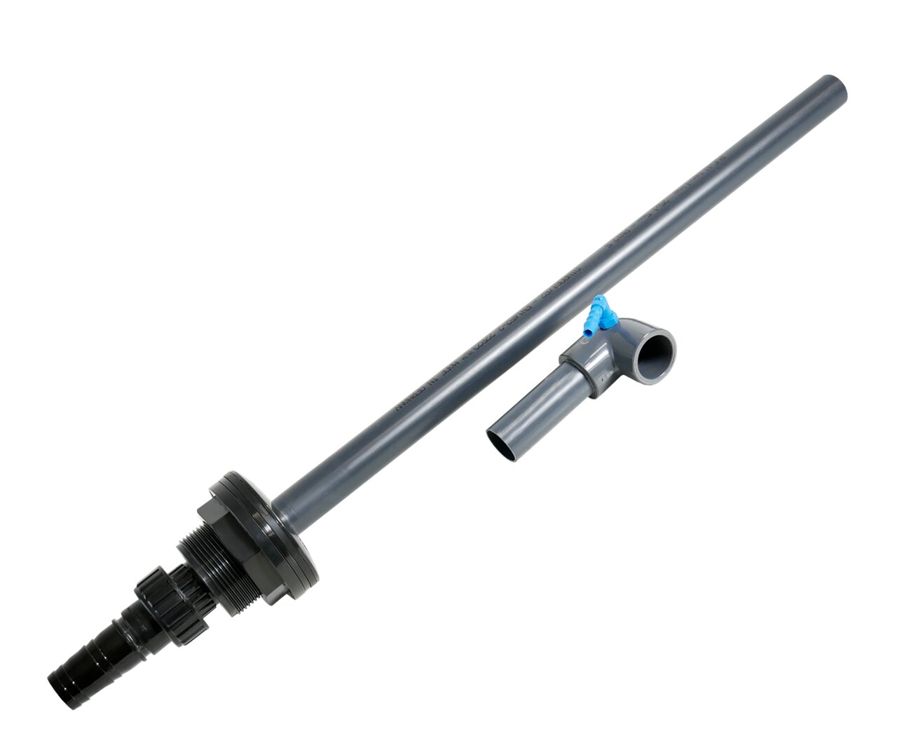 Das Bild zeigt das Produkt "Aqua Medic Überlaufset 40 mm", ein Zubehör für Aquarien. Es besteht aus einem grauen PVC-Rohr mit einem Anschlussstück und einem Absperrhahn. Das Set dient der sicheren Wasserableitung und ist für Aquarienbesitzer geeignet. Die