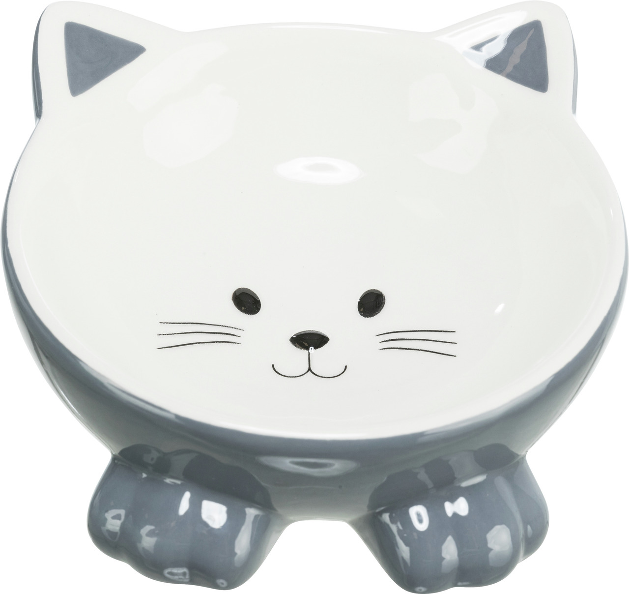 Keramiknapf für Katzen von TRIXIE in niedlichem Design mit Katzenmotiv. Der Napf ist weiß mit grauen Akzenten und hat die Form eines Katzenkopfes mit Ohren und Pfoten. Geeignet für Katzen als Futter- oder Wassernapf. Fassungsvermögen: ca. 250 ml. Pflegele