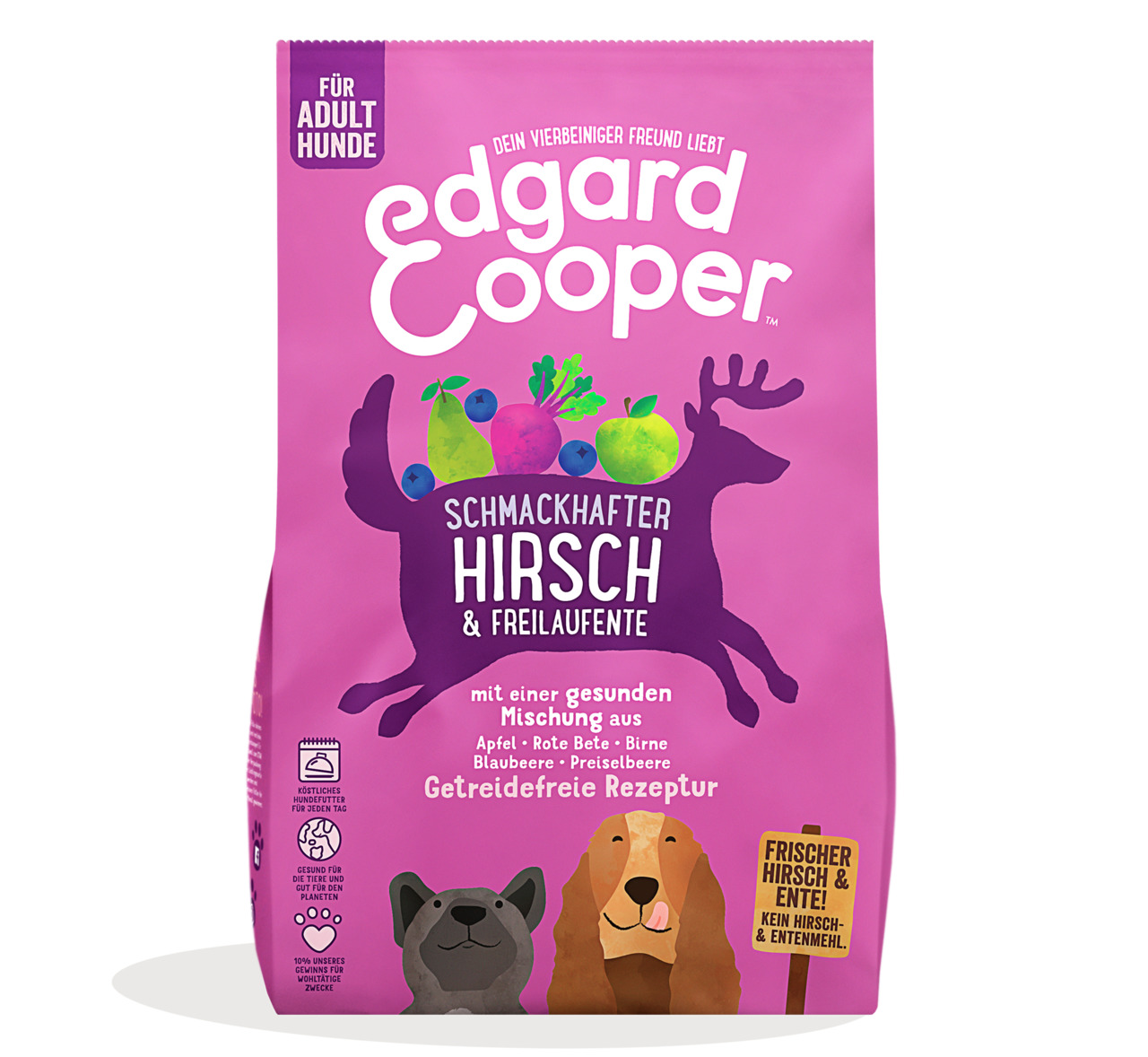 Edgard & Cooper Hundefutter, Hirsch & Freilaufente, für ausgew. Hunde, getreidefrei, mit Apfel, Roter Bete, Birne, Blaubeere, Preiselbeere.