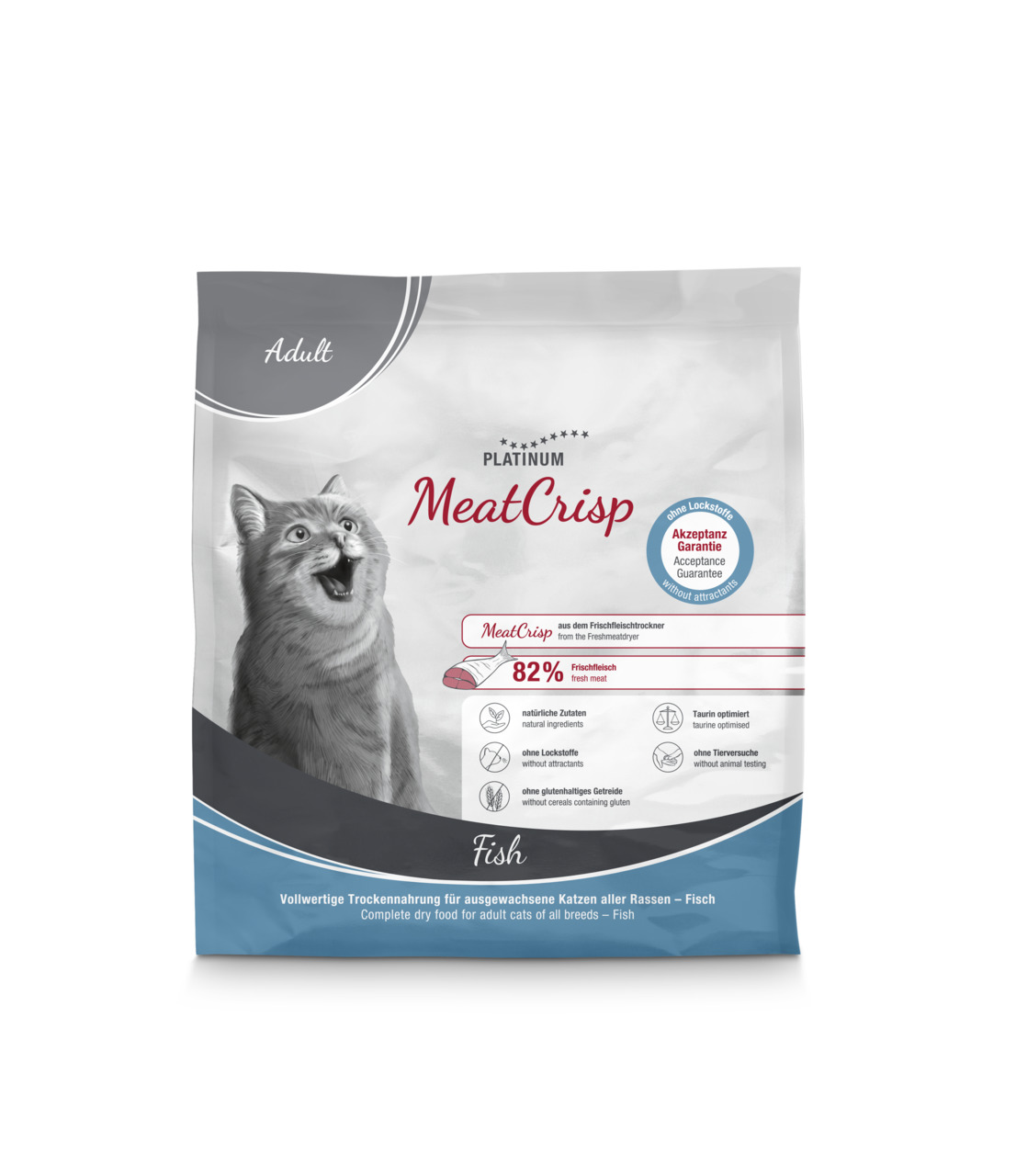 Das Bild zeigt eine Verpackung des Katzenfutters „PLATINUM MeatCrisp“ in der Geschmacksrichtung Fisch. Es handelt sich um ein Trockenfutter für ausgewachsene Katzen aller Rassen. Die Verpackung hebt hervor, dass das Produkt aus 82 % Frischfleisch besteht,