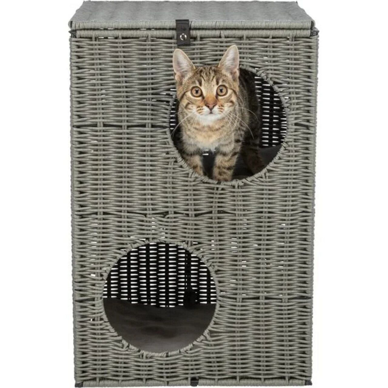 Katzenhaus TRIXIE aus Flechtmaterial, für Katzen, graues Design mit zwei Öffnungen, ideal zum Spielen und Verstecken.