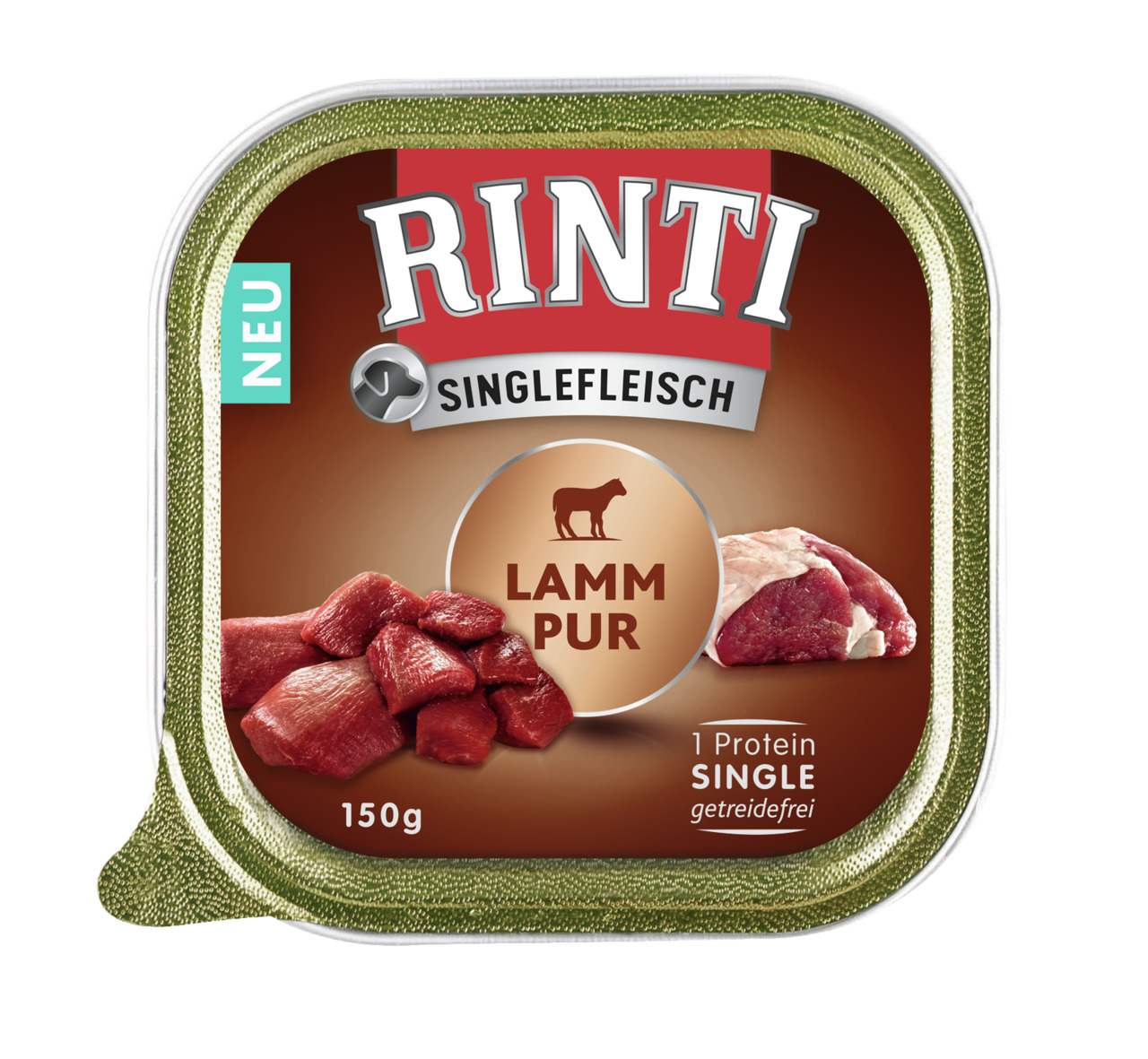 RINTI Singlefleisch Lamm Pur, 150g, für Hunde, reines Lammfleisch, getreidefrei, ausgewogene Ernährung, Label „NEU“.