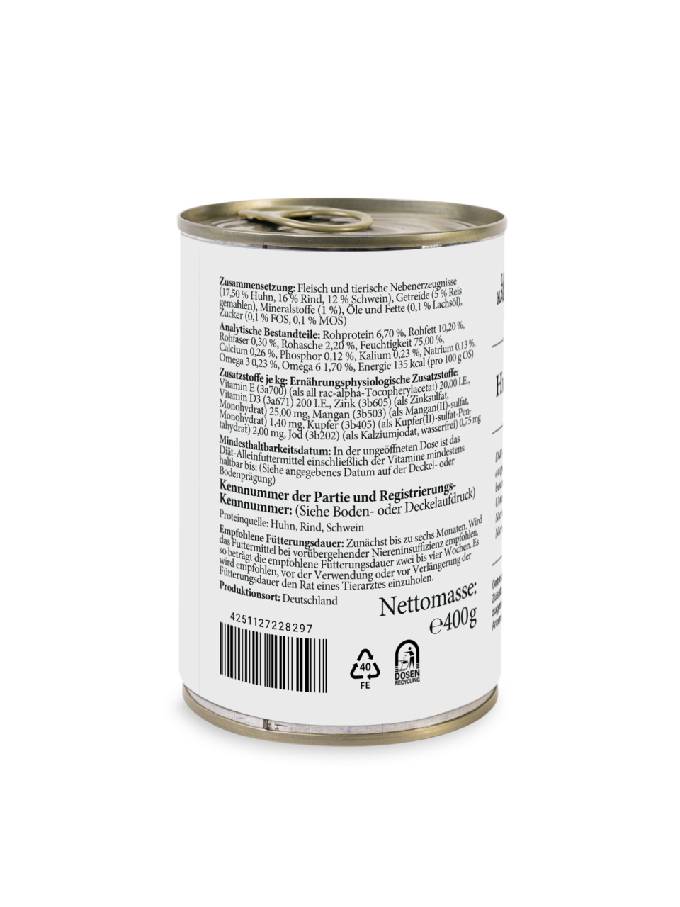 Das Bild zeigt eine Dose des Tierfutterprodukts "Lottis Häppchen" mit der EAN 4251127228297. Es handelt sich um ein Nassfutter für Hunde mit den Geschmacksrichtungen Huhn, Rind und Schwein. Die Nettomasse beträgt 400 g. Die Verpackung enthält detaillierte