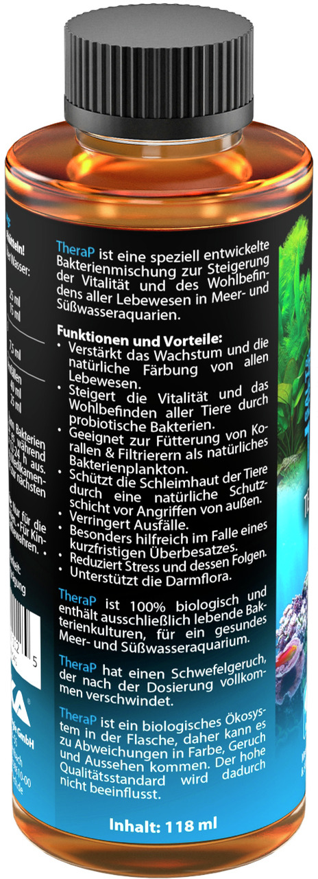 Das Bild zeigt eine 118-ml-Flasche des Produkts "TheraP" der Marke MICROBE-LIFT, speziell entwickelt für Meer- und Süßwasseraquarien. Es handelt sich um eine bakterielle Mischung, die die Vitalität und das Wohlbefinden aller Lebewesen im Aquarium steigert