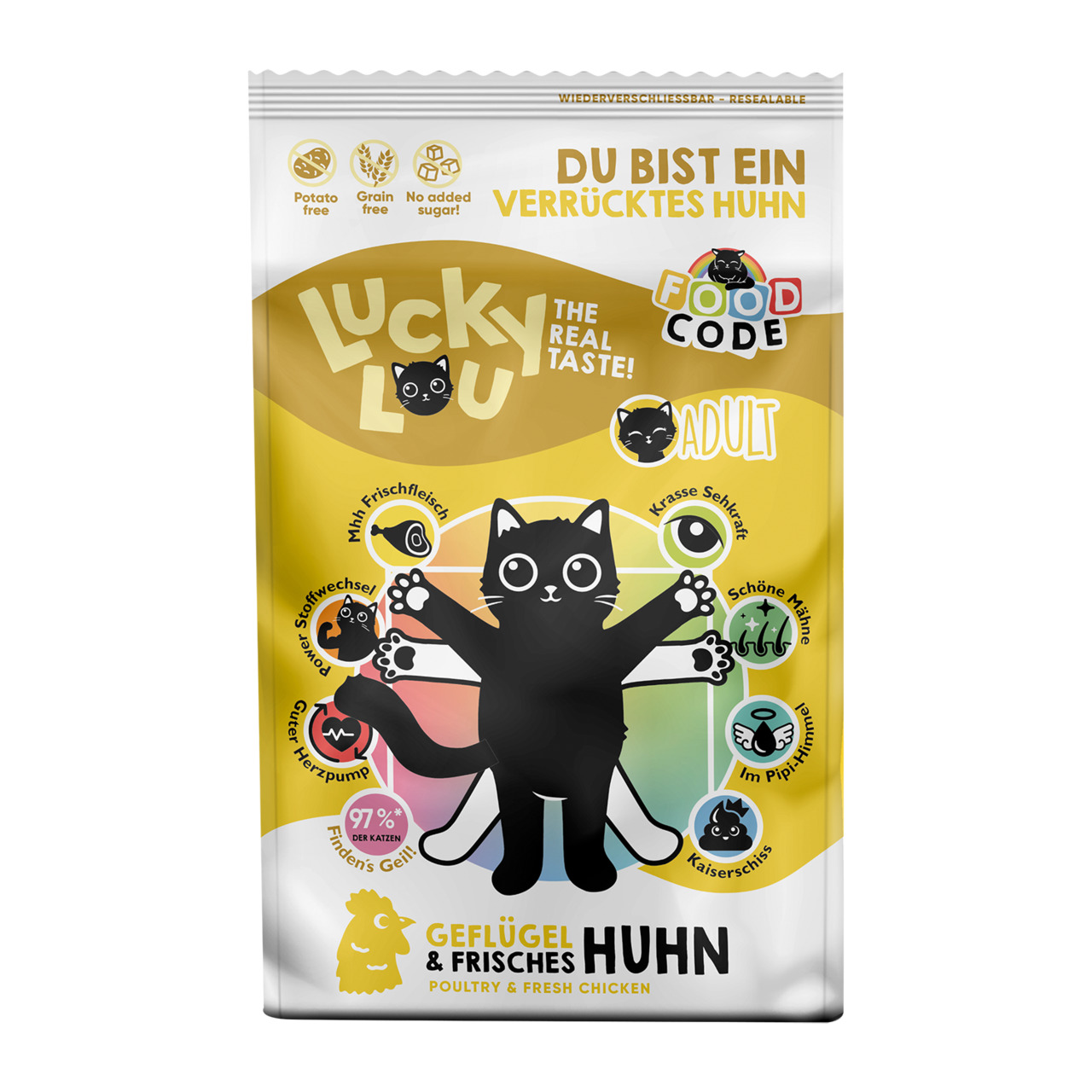 Lucky Lou – Geflügel & Frisches Huhn, Adult Katzen, 97 % lieben es, grain/potato free, ohne Zuckerzusatz, wiederverschließbar.